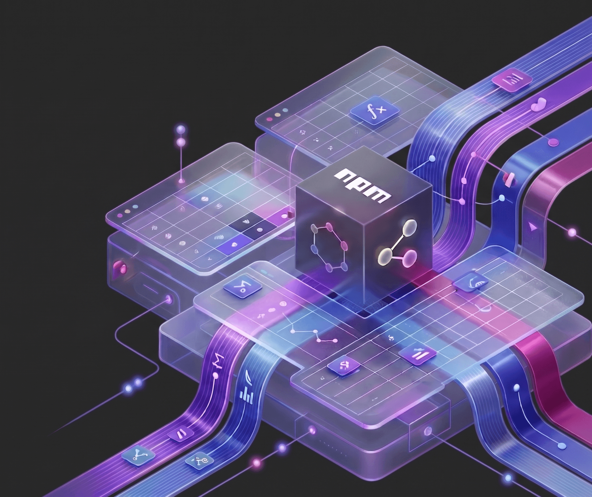 WorksheetJS AI-powered spreadsheet engine — isometric glass cube core with floating spreadsheet panels and flowing purple data ribbons